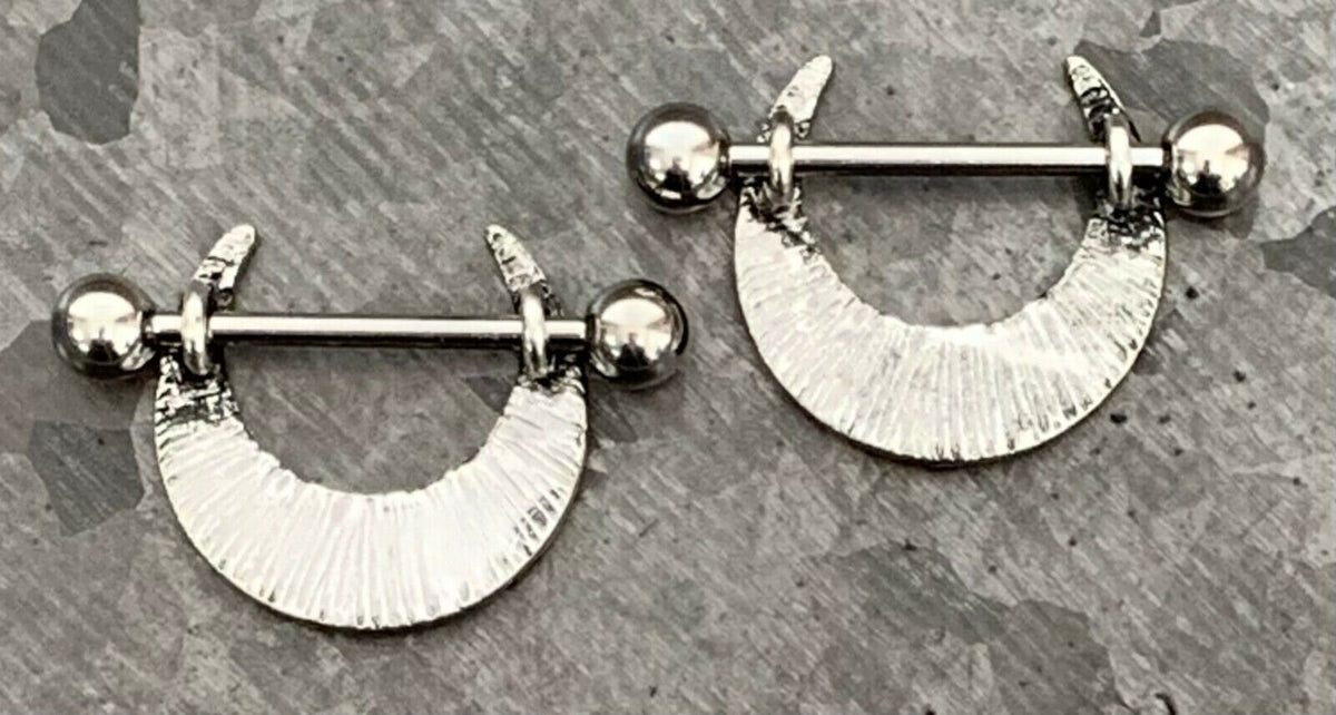 PAIR of Unique Gothic Tribal Design Steel Nipple Barbell Shields - Barbell 14g, 19mm (3/4") - Wearable Length: 14mm (9/16")!