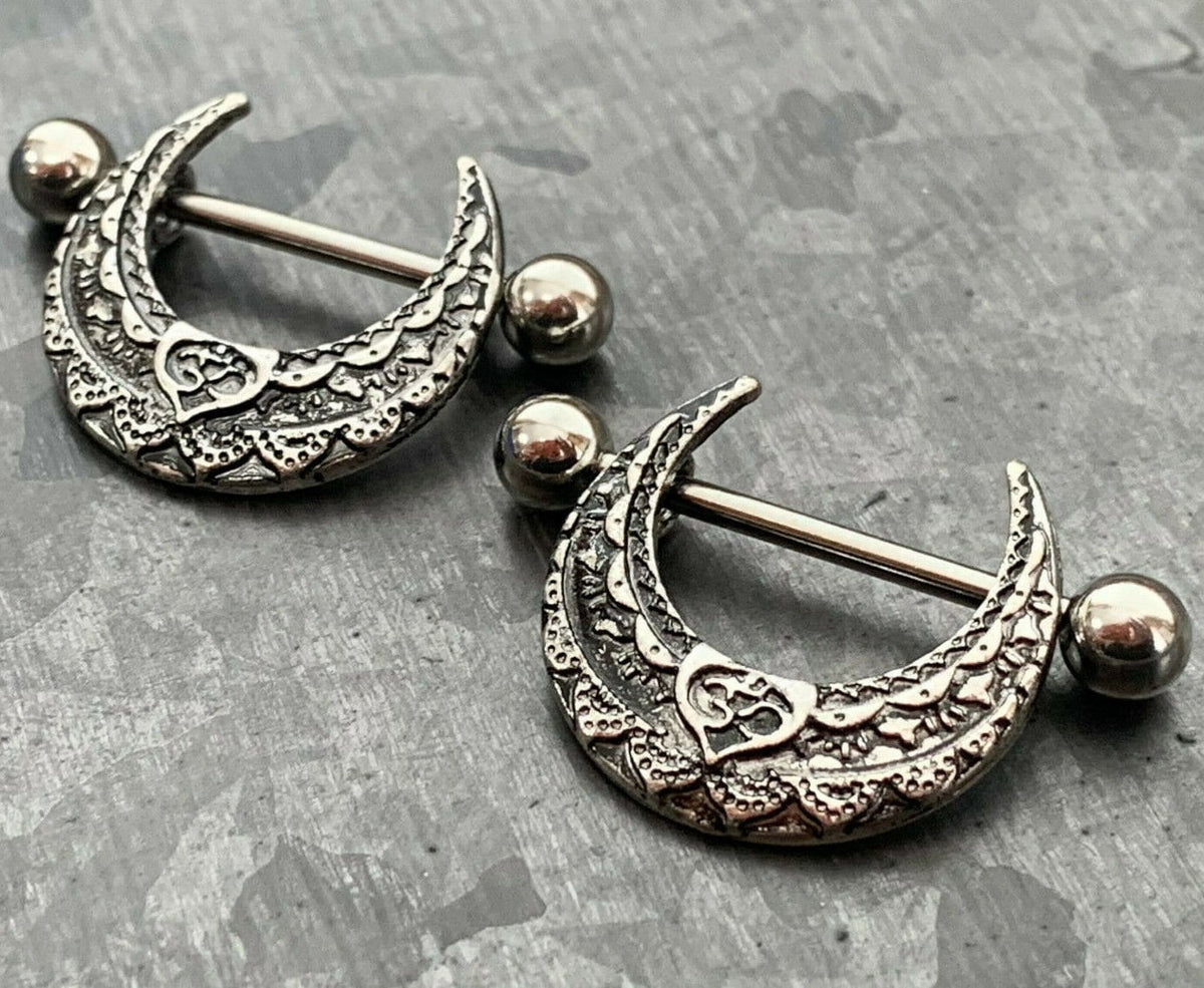 PAIR of Unique Gothic Tribal Design Steel Nipple Barbell Shields - Barbell 14g, 19mm (3/4") - Wearable Length: 14mm (9/16")!