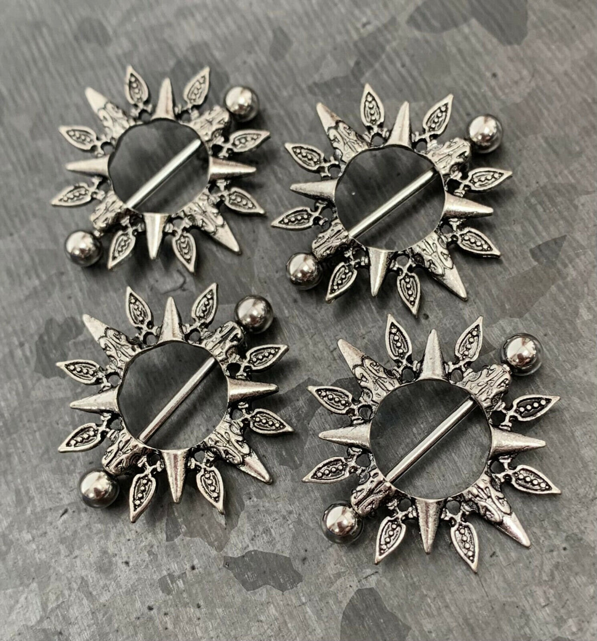 PAIR of Unique Tribal Sunburst Design Steel Nipple Barbell Shields - Barbell 14g, 24mm (1") - Wearable Length: 14mm (9/16")!
