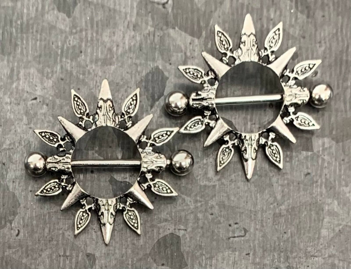 PAIR of Unique Tribal Sunburst Design Steel Nipple Barbell Shields - Barbell 14g, 24mm (1") - Wearable Length: 14mm (9/16")!