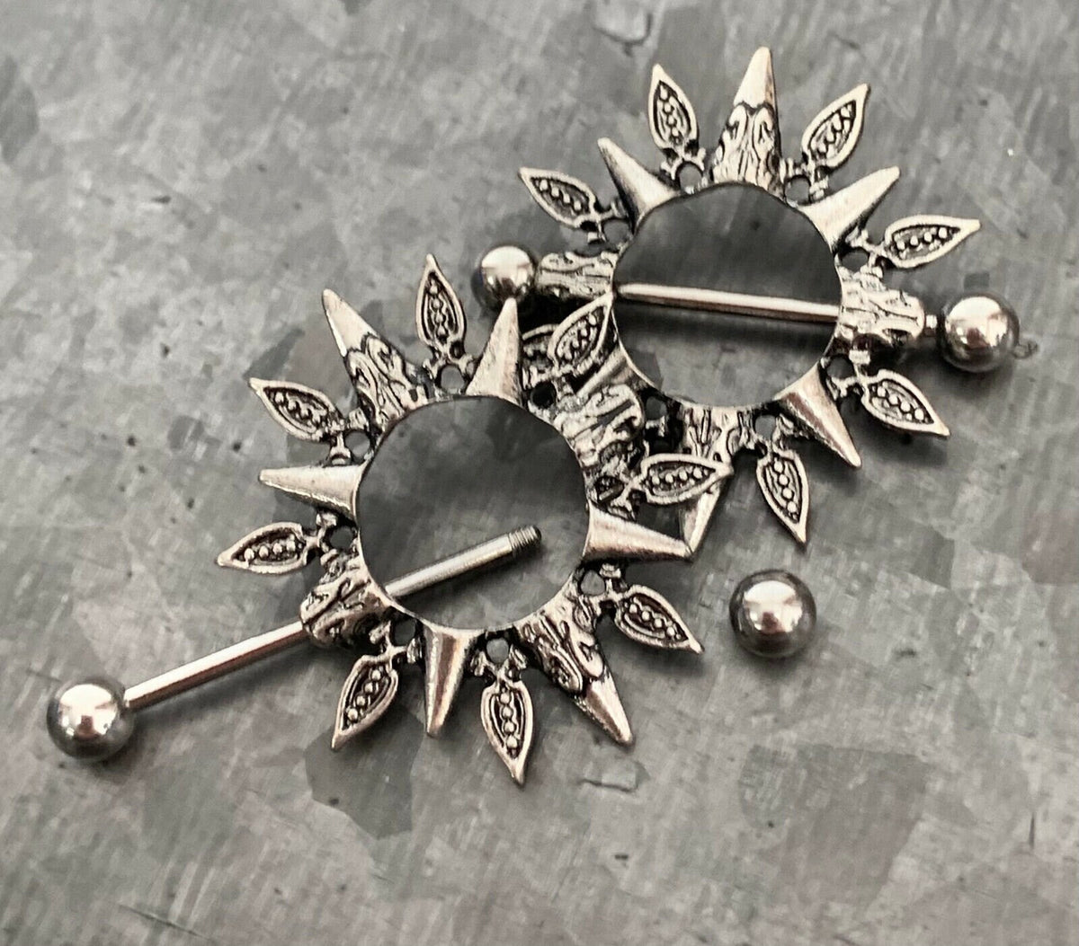 PAIR of Unique Tribal Sunburst Design Steel Nipple Barbell Shields - Barbell 14g, 24mm (1") - Wearable Length: 14mm (9/16")!