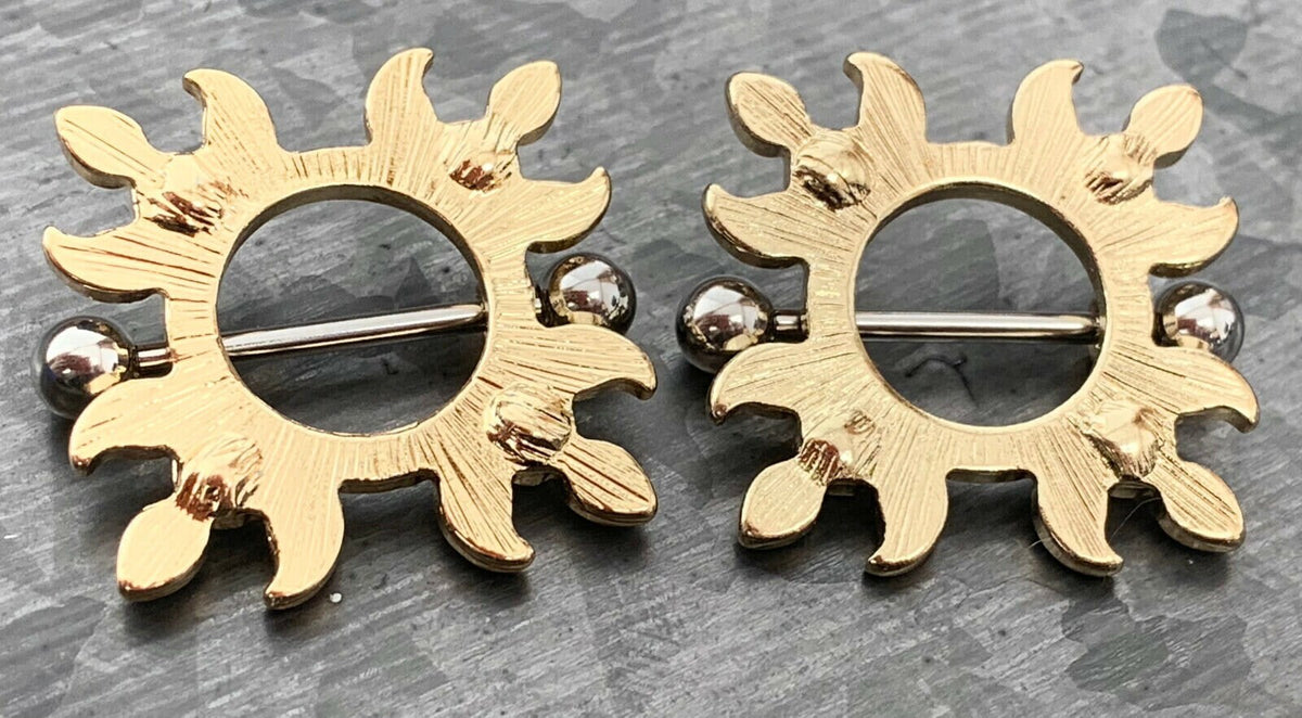 PAIR of Flaming Sunburst Design Steel Nipple Shields / Barbell - 14g, 19mm (3/4") - 12.5mm (1/2") Wearable Length!