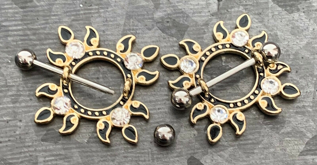 PAIR of Flaming Sunburst Design Steel Nipple Shields / Barbell - 14g, 19mm (3/4") - 12.5mm (1/2") Wearable Length!
