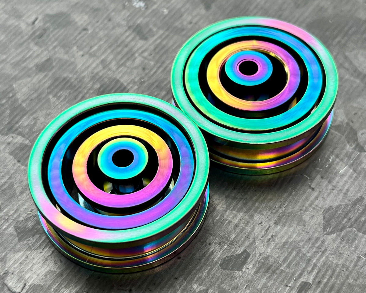 PAIR of Brilliant Rainbow PVD Plated 316L Steel Screw Fit Tunnels/Plugs - Gauges 16g (1.2mm) thru 1&3/16" (30mm) available!