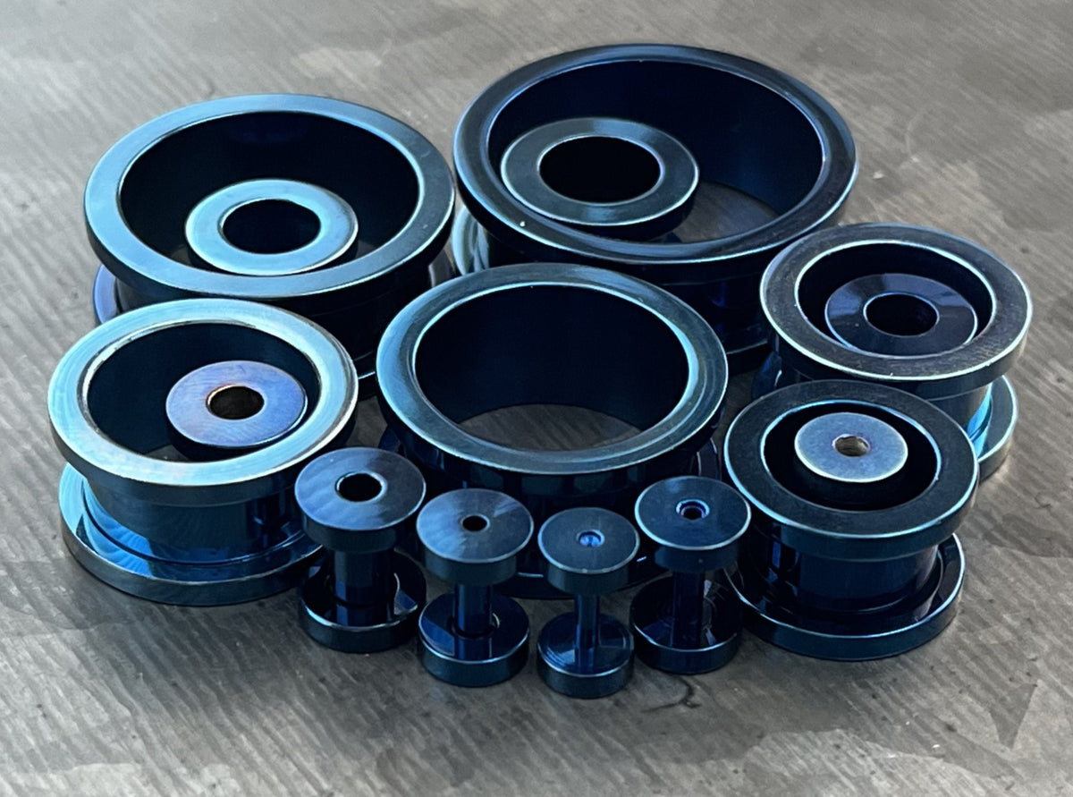 PAIR of Beautiful Blue PVD Plated 316L Steel Screw Fit Tunnels/Plugs - Gauges 14g (1.6mm) thru 1" (25mm) available!