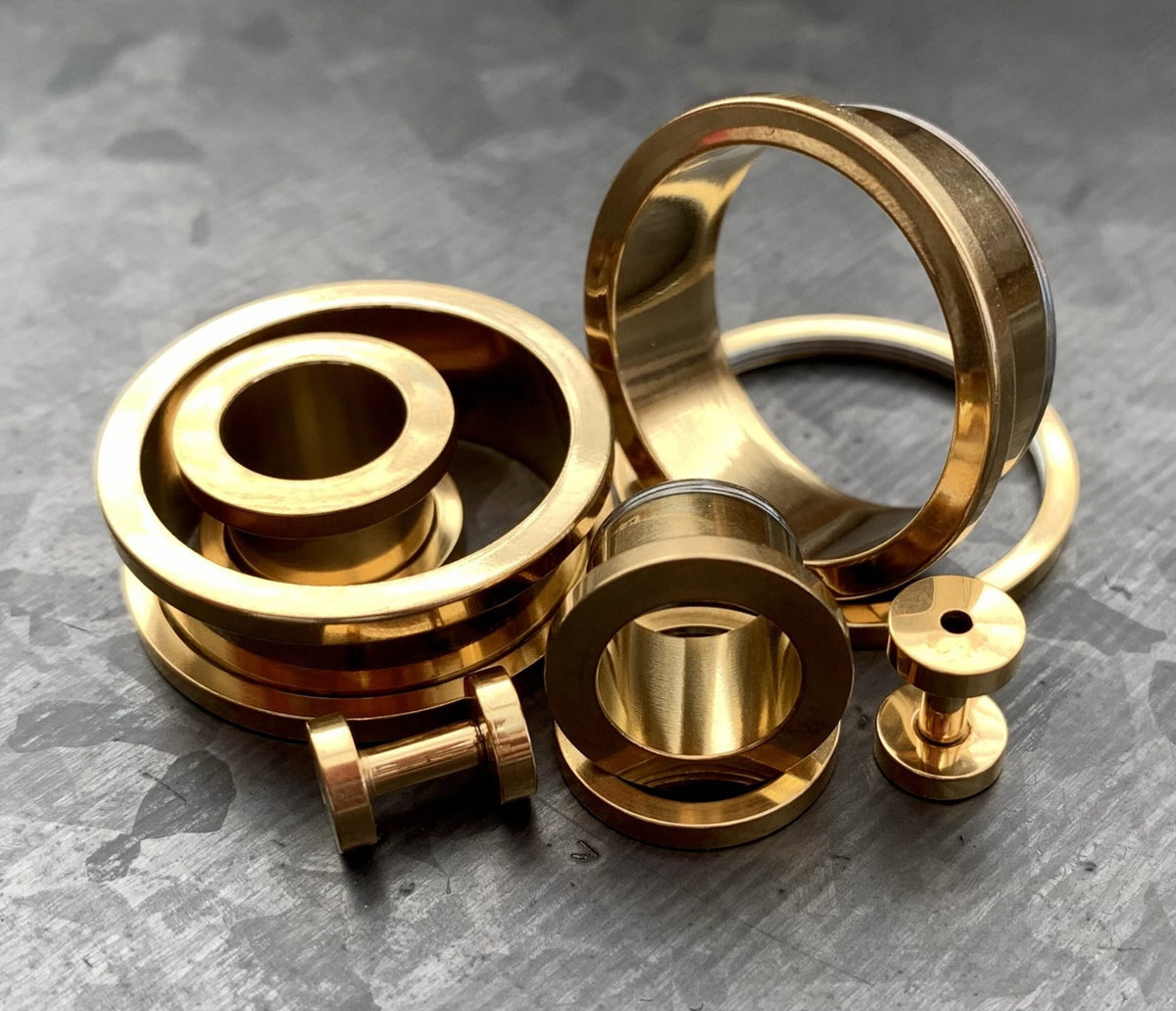 PAIR of Beautiful Gold Ion Plated 316L Steel Screw Fit Tunnels/Plugs - Gauges 16g (1.2mm) thru 1" (25mm) available!