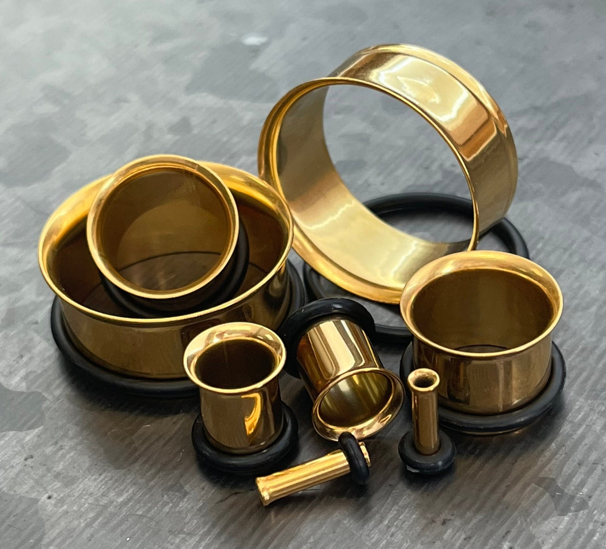 PAIR of Stunning Gold PVD Plated 316L Surgical Steel Single Flare Tunnels/Plugs with O-Rings - Gauges 12g (2mm) thru 1" (25mm) available!