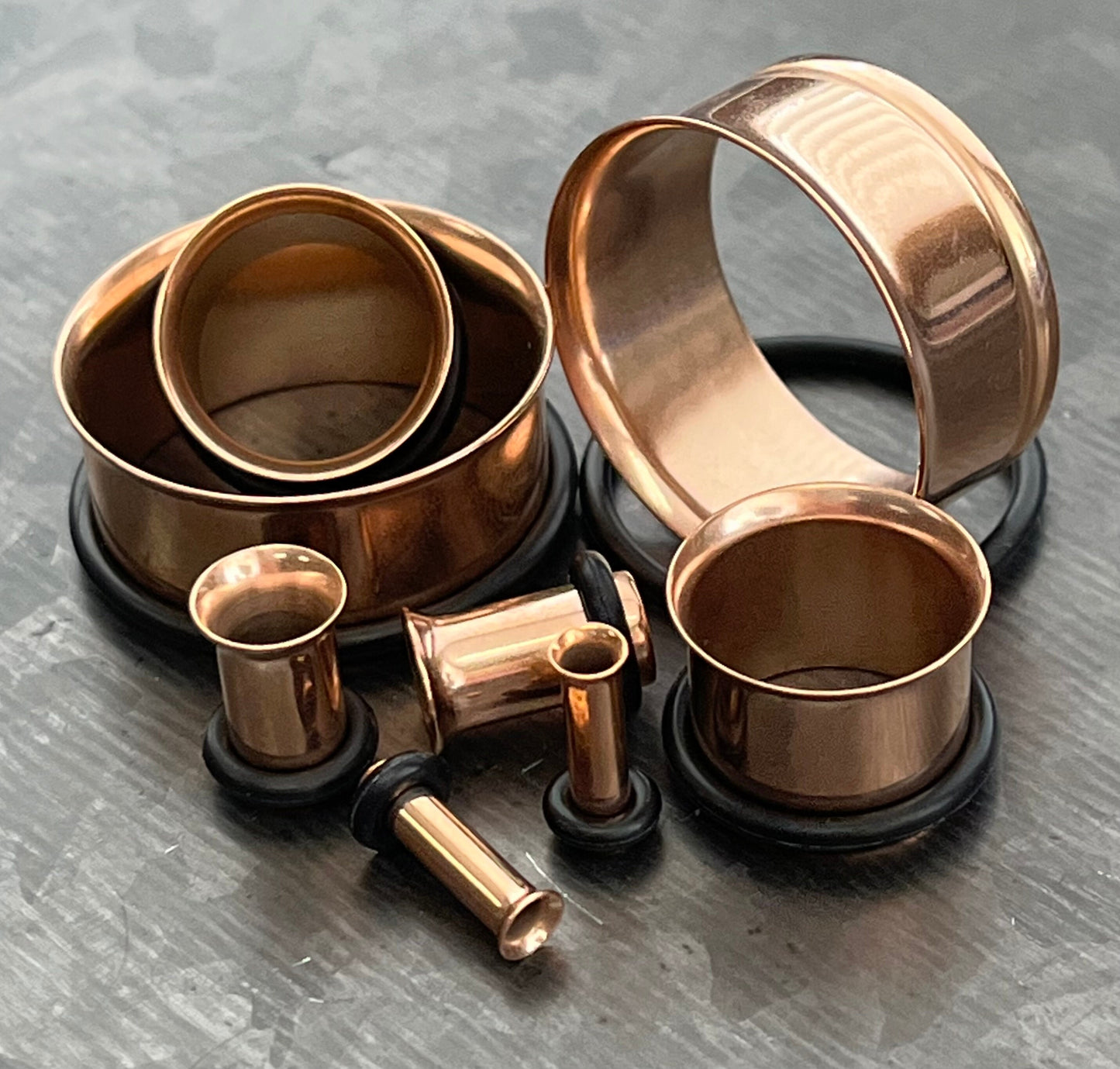 PAIR of Rose Gold PVD Plated 316L Surgical Steel Single Flare Tunnels/Plugs with O-Rings - Gauges 10g (2.5mm) thru 1" (25mm) available!