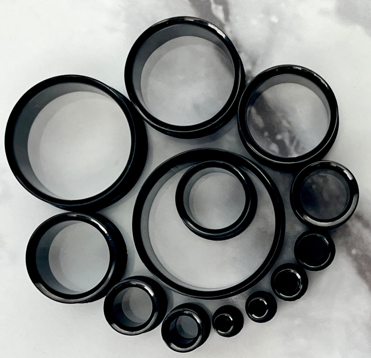 PAIR of Unique Black PVD Plated 316L Surgical Steel Single Flare Tunnels/Plugs with O-Rings - Gauges 10g (2.6mm) thru 1" (25mm) available!