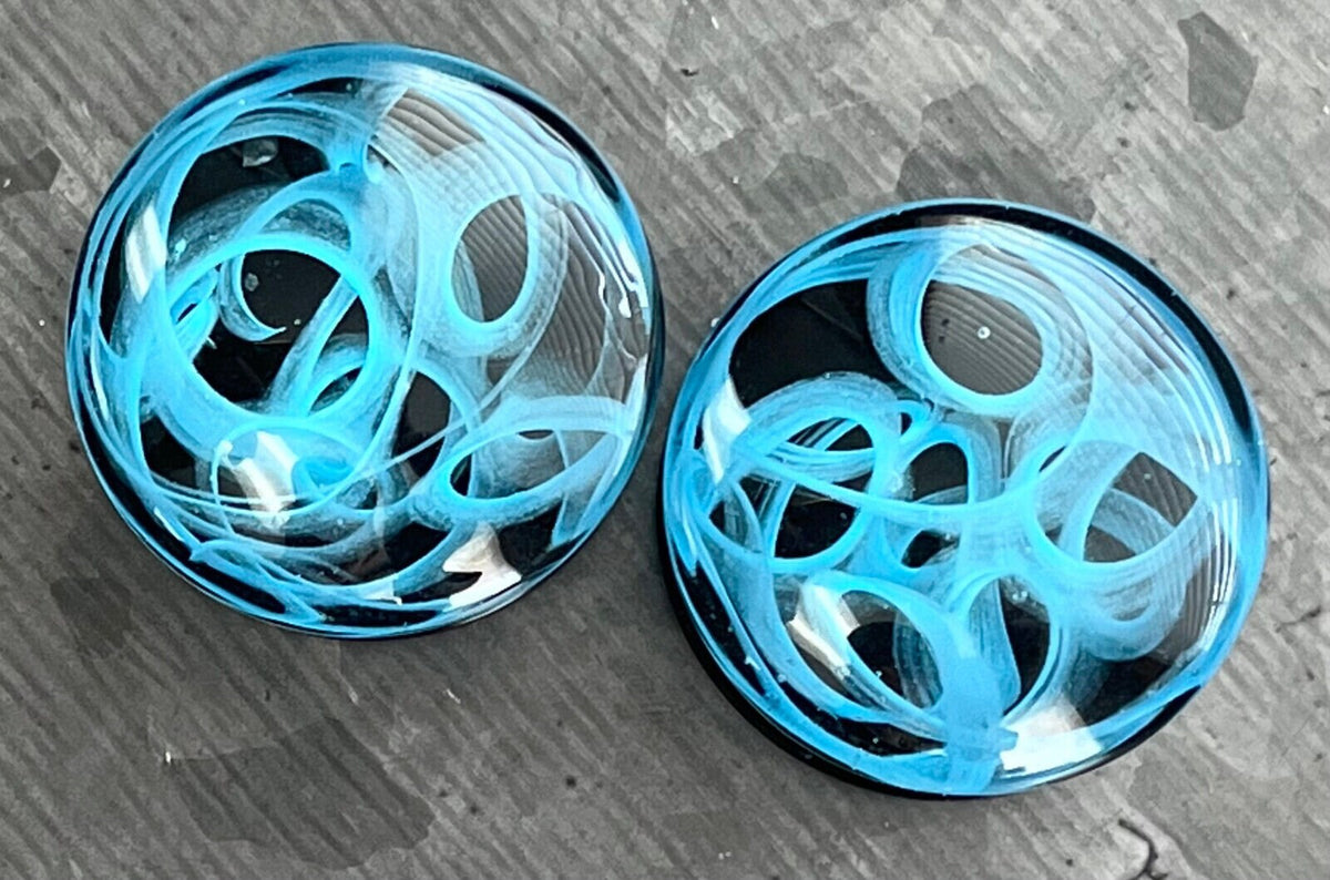 PAIR of Blue Swirling Smoke Style Pyrex Glass Double Flare Plugs - Gauges 2g (6mm) through 1" (25mm) available!