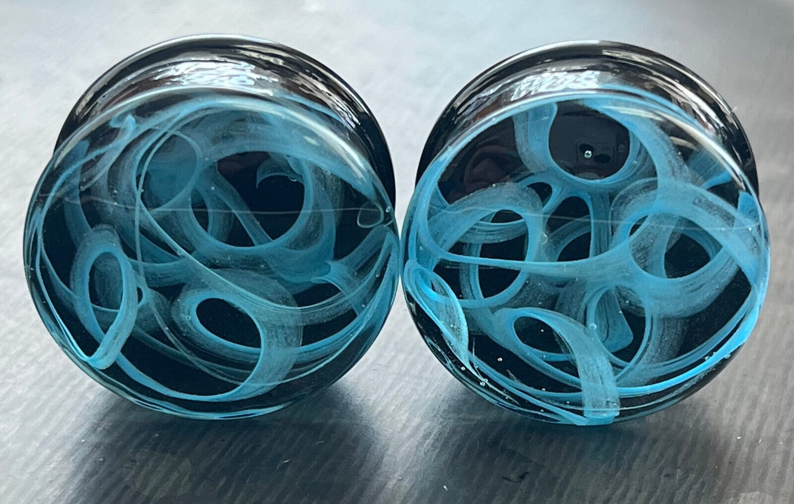 PAIR of Blue Swirling Smoke Style Pyrex Glass Double Flare Plugs - Gauges 2g (6mm) through 1" (25mm) available!