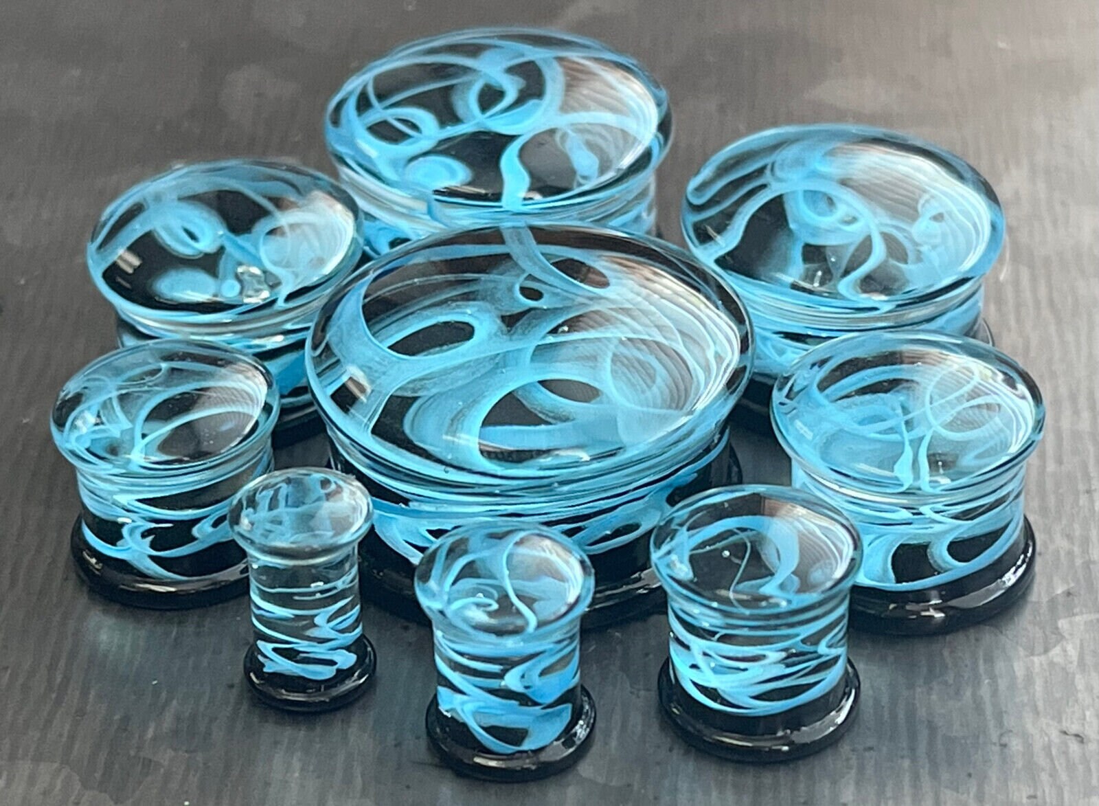 PAIR of Blue Swirling Smoke Style Pyrex Glass Double Flare Plugs - Gauges 2g (6mm) through 1" (25mm) available!