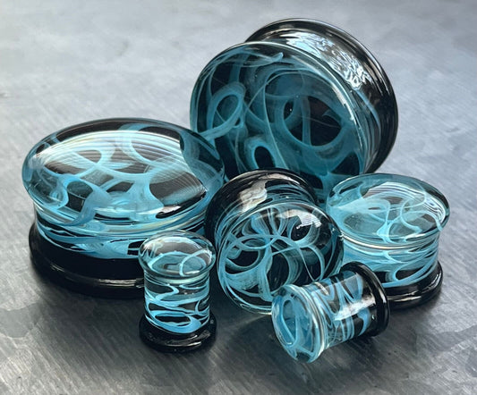 PAIR of Blue Swirling Smoke Style Pyrex Glass Double Flare Plugs - Gauges 2g (6mm) through 1" (25mm) available!