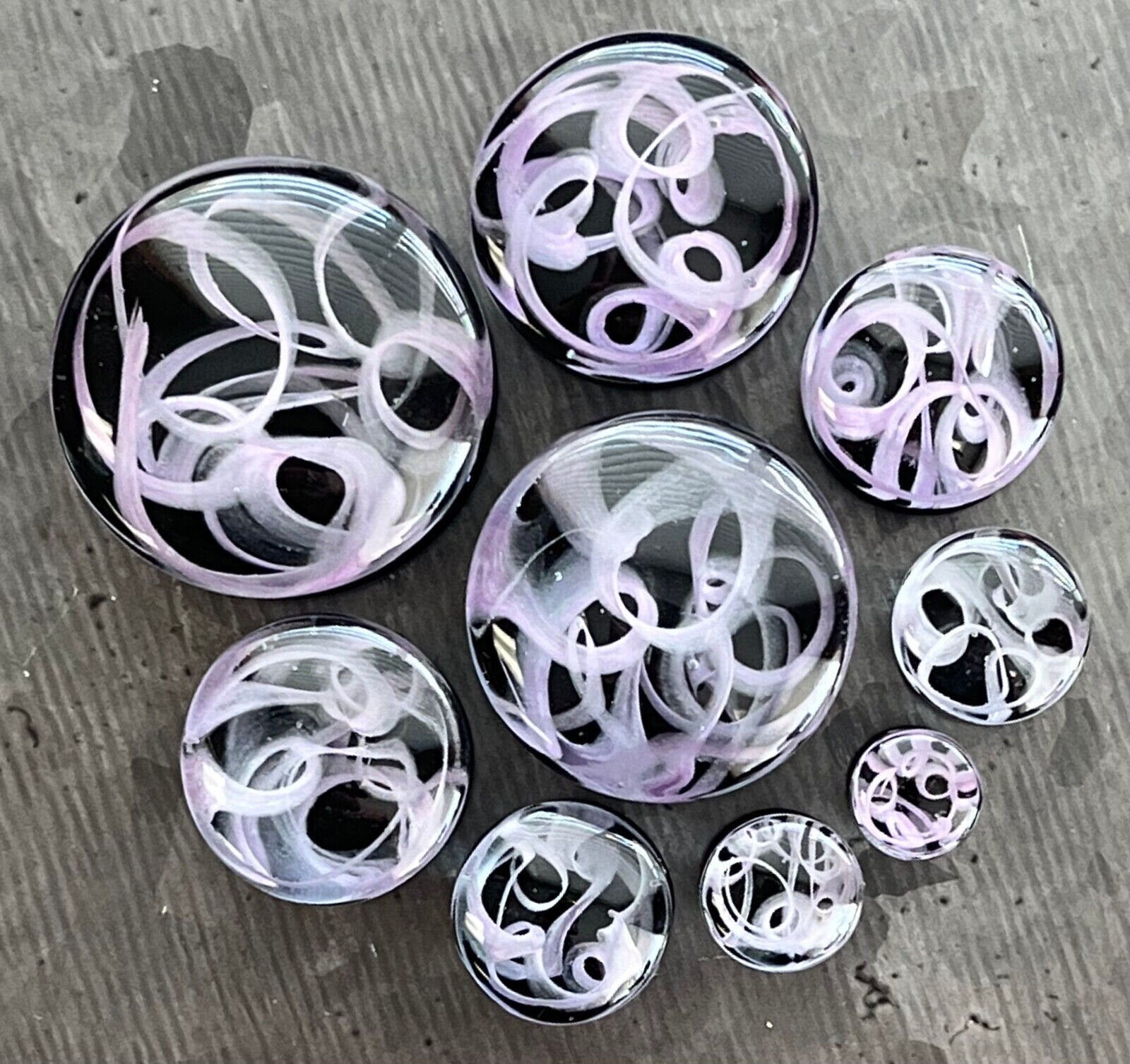 PAIR of Purple Swirling Smoke Style Pyrex Glass Double Flare Plugs - Gauges 2g (6mm) through 1" (25mm) available!