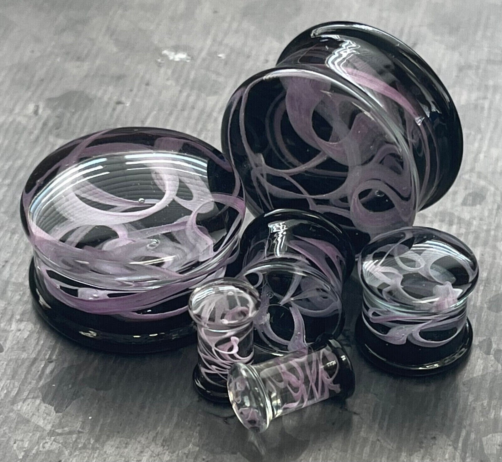 PAIR of Purple Swirling Smoke Style Pyrex Glass Double Flare Plugs - Gauges 2g (6mm) through 1" (25mm) available!