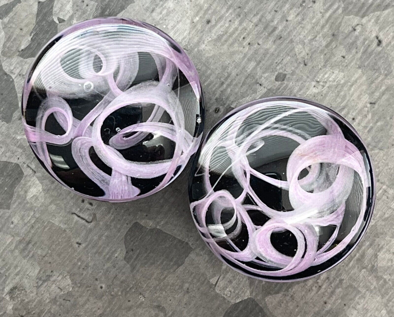 PAIR of Purple Swirling Smoke Style Pyrex Glass Double Flare Plugs - Gauges 2g (6mm) through 1" (25mm) available!