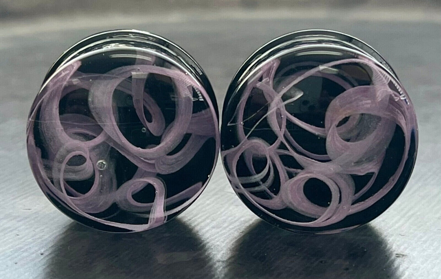 PAIR of Purple Swirling Smoke Style Pyrex Glass Double Flare Plugs - Gauges 2g (6mm) through 1" (25mm) available!