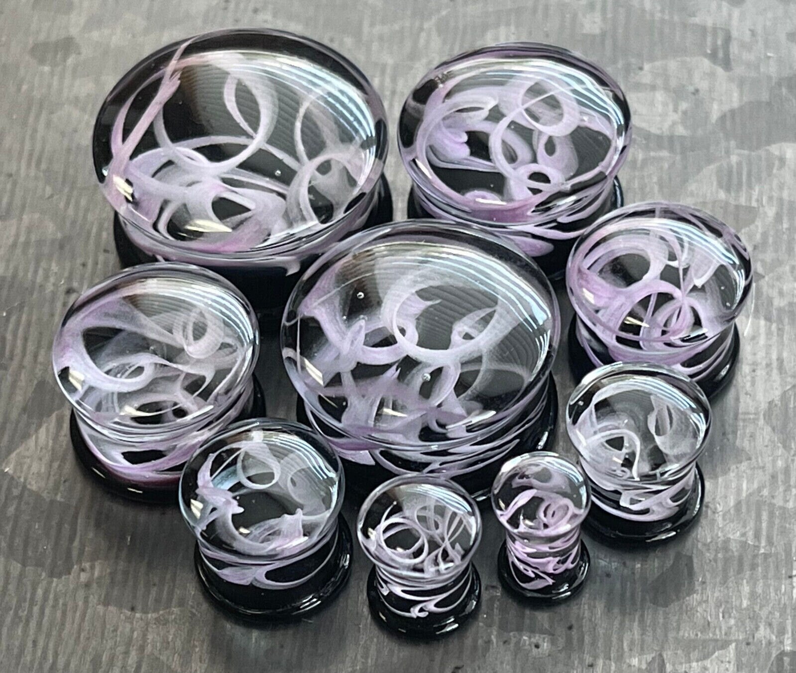 PAIR of Purple Swirling Smoke Style Pyrex Glass Double Flare Plugs - Gauges 2g (6mm) through 1" (25mm) available!