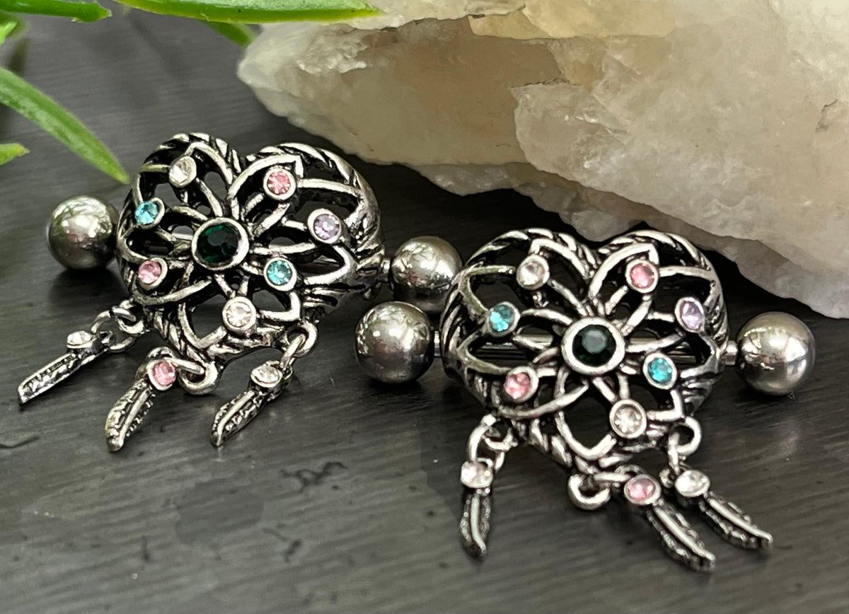 PAIR of Unique Gemmed Dream Catcher Steel Nipple Barbells/Shields/Rings - Barbell 14g, 3/4" (19mm), Wearable length 14mm (916")!