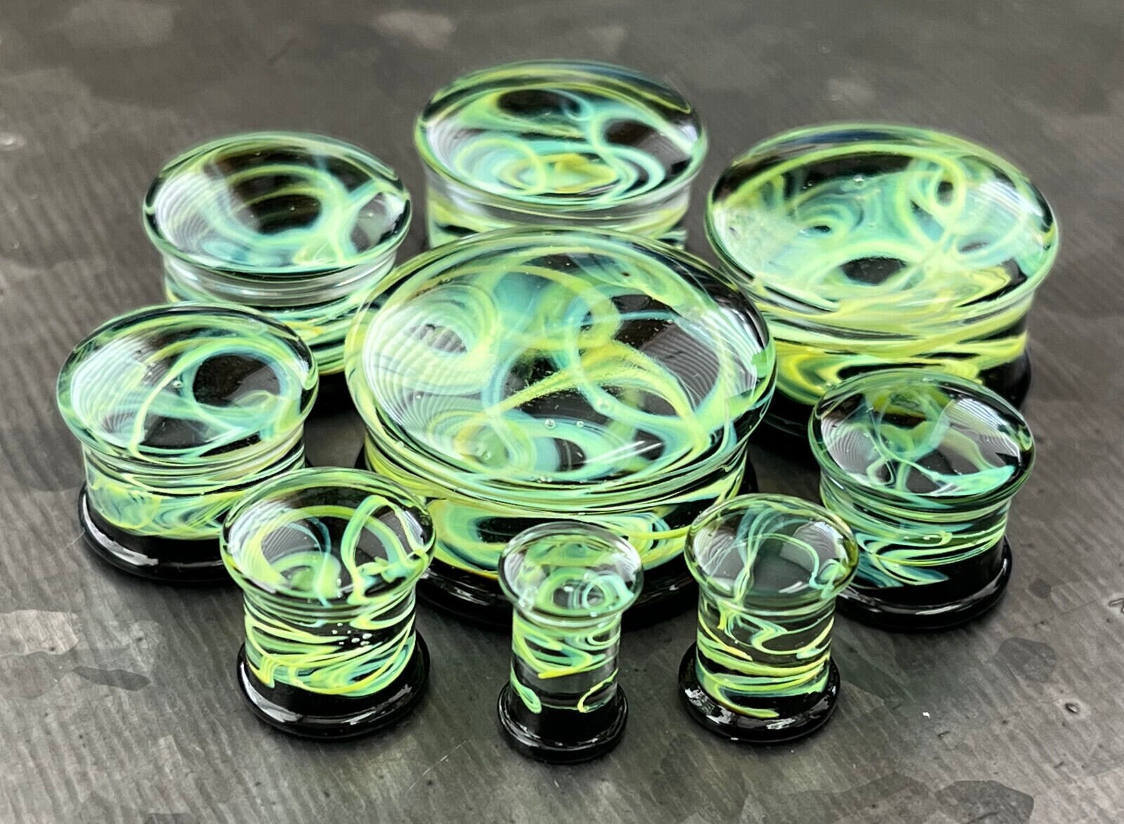 PAIR of Green Swirling Smoke Style Pyrex Glass Double Flare Plugs - Gauges 2g (6mm) through 1" (25mm) available!