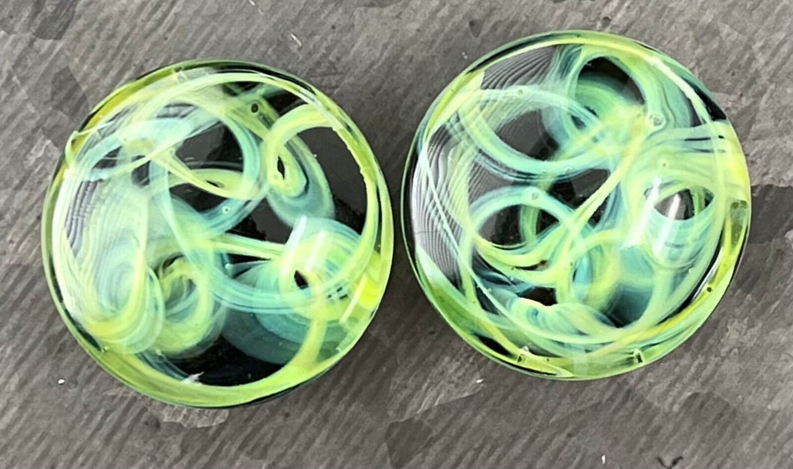 PAIR of Green Swirling Smoke Style Pyrex Glass Double Flare Plugs - Gauges 2g (6mm) through 1" (25mm) available!