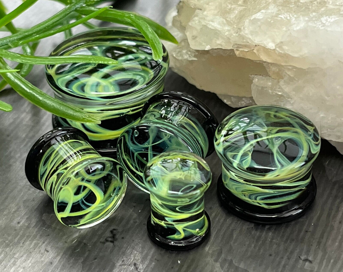 PAIR of Green Swirling Smoke Style Pyrex Glass Double Flare Plugs - Gauges 2g (6mm) through 1" (25mm) available!