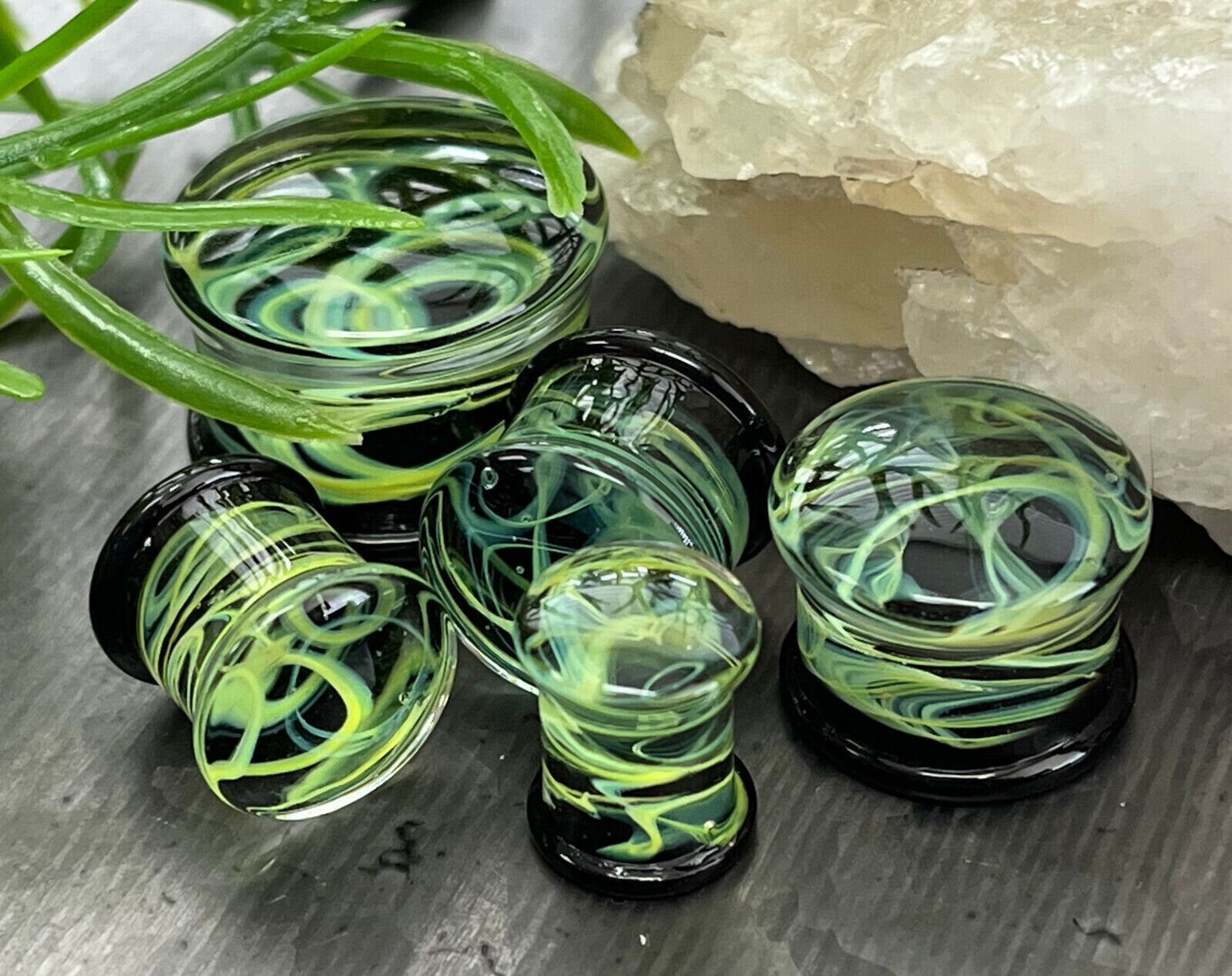 PAIR of Green Swirling Smoke Style Pyrex Glass Double Flare Plugs - Gauges 2g (6mm) through 1" (25mm) available!