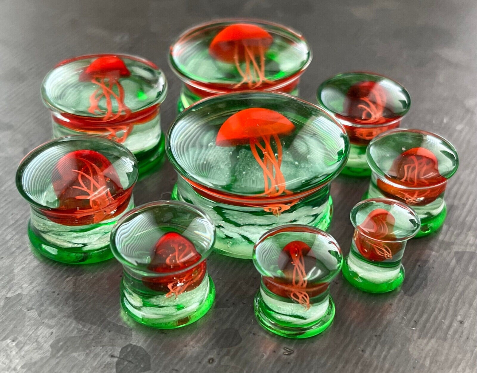 PAIR of Unique Glow in the Dark Floating Red & Green Jellyfish Pyrex Glass Double Flare Plugs - Gauges 0g (8mm) through 1" (25mm) available!