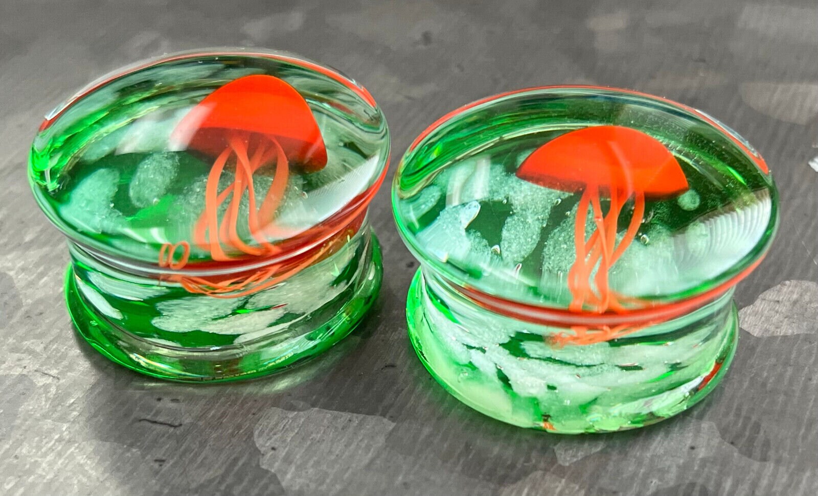 PAIR of Unique Glow in the Dark Floating Red & Green Jellyfish Pyrex Glass Double Flare Plugs - Gauges 0g (8mm) through 1" (25mm) available!