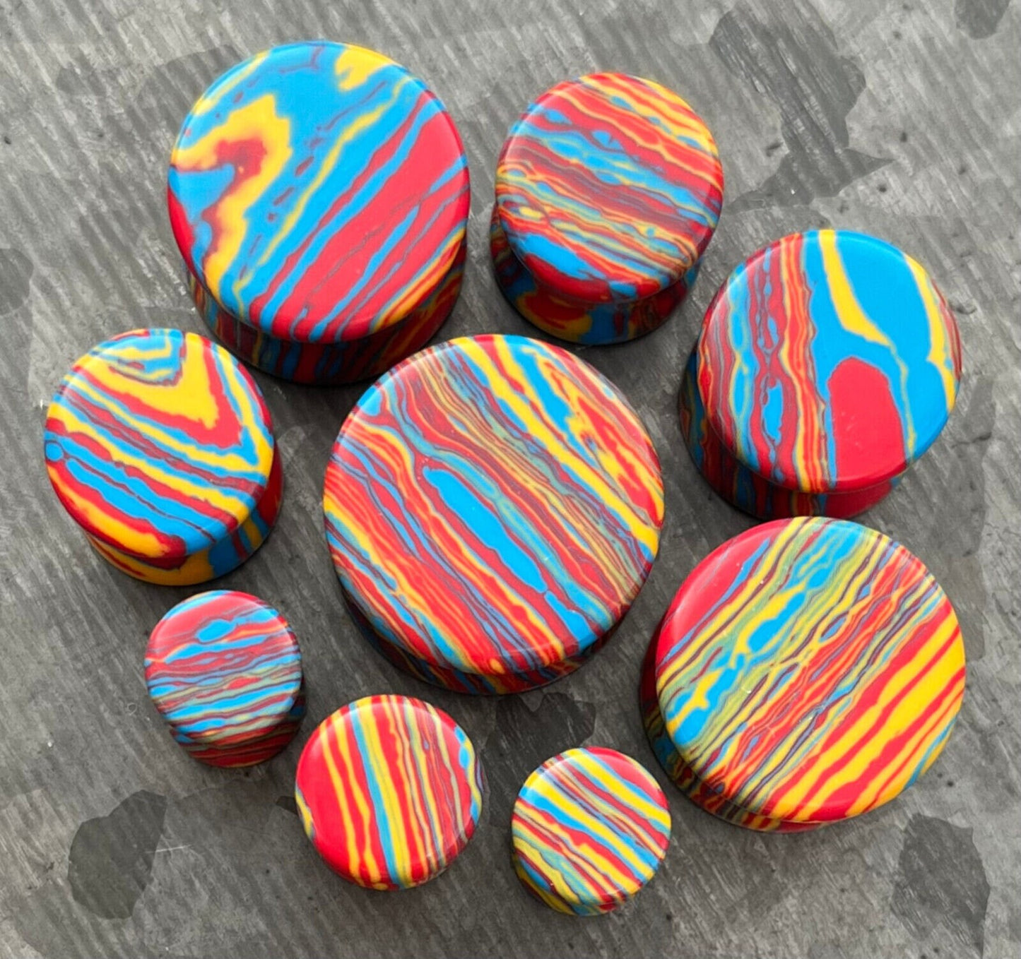PAIR of Unique Primary Color Tie Dye Malachite Stone Plugs - Gauges 2g (6mm) up to 5/8" (16mm) available!