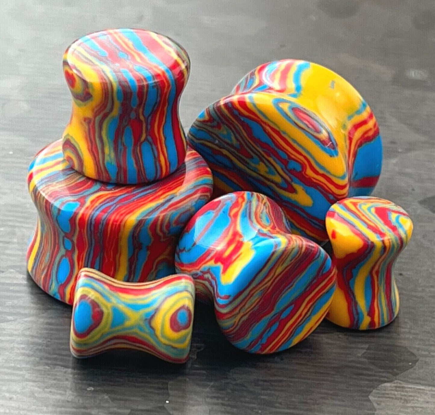 PAIR of Unique Primary Color Tie Dye Malachite Stone Plugs - Gauges 2g (6mm) up to 5/8" (16mm) available!