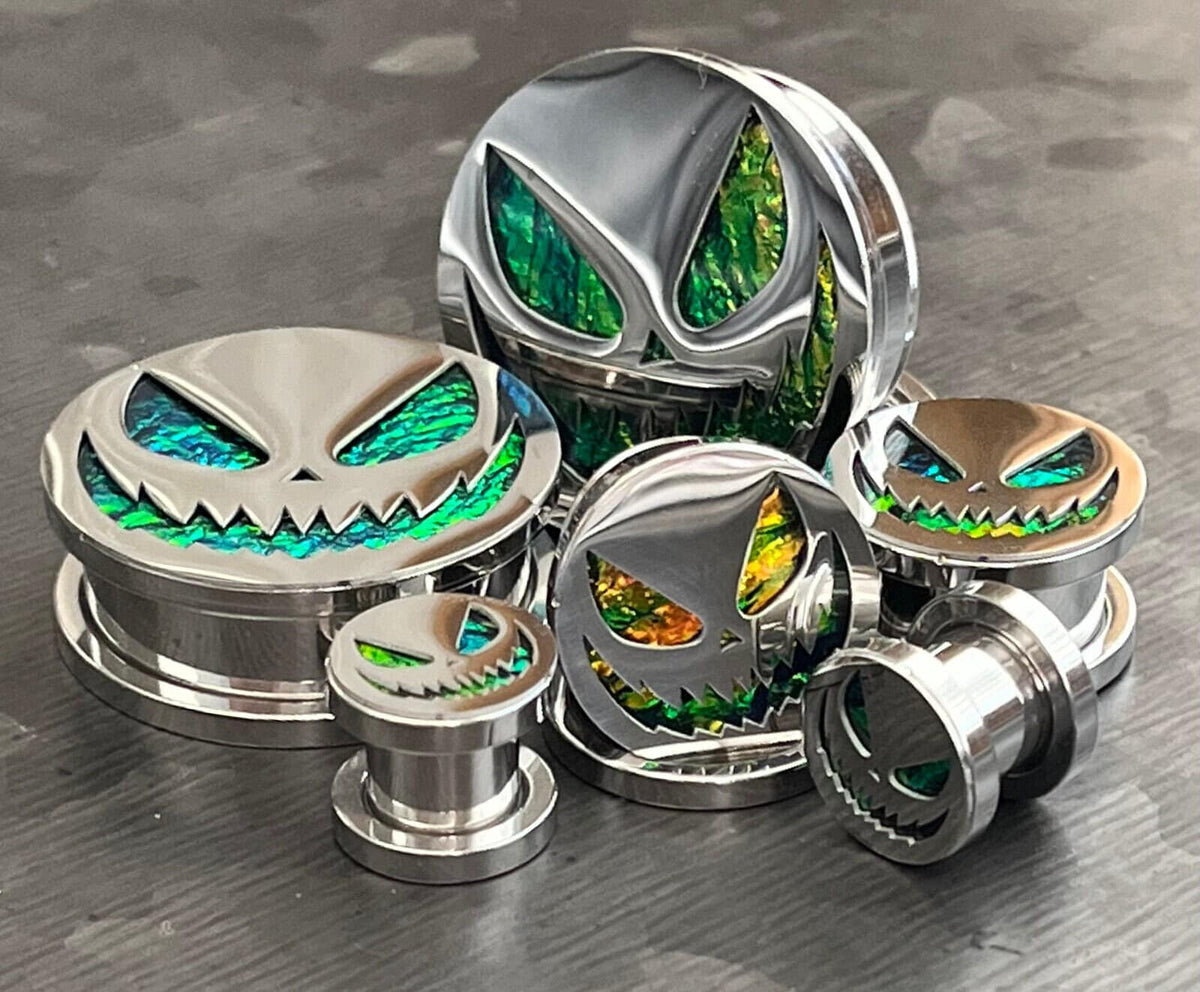 PAIR of Scary Jack-O-Lantern Steel Screw Fit Tunnels/Plugs - Gauges 0g (8mm) thru 1" (25mm) available!