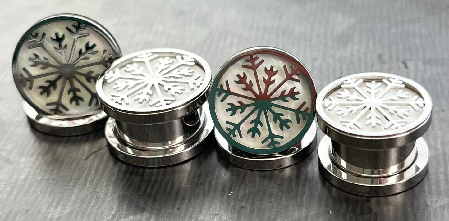 PAIR of Iridescent Snowflake Steel Screw Fit Tunnels/Plugs - Gauges 0g (8mm) thru 1" (25mm) available!