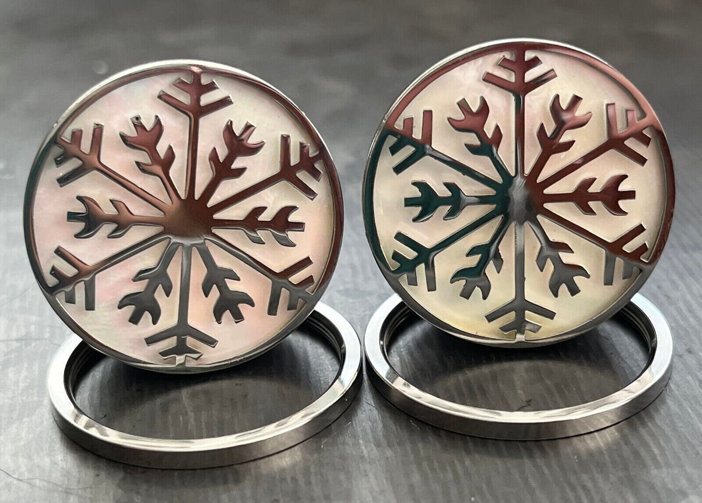 PAIR of Iridescent Snowflake Steel Screw Fit Tunnels/Plugs - Gauges 0g (8mm) thru 1" (25mm) available!
