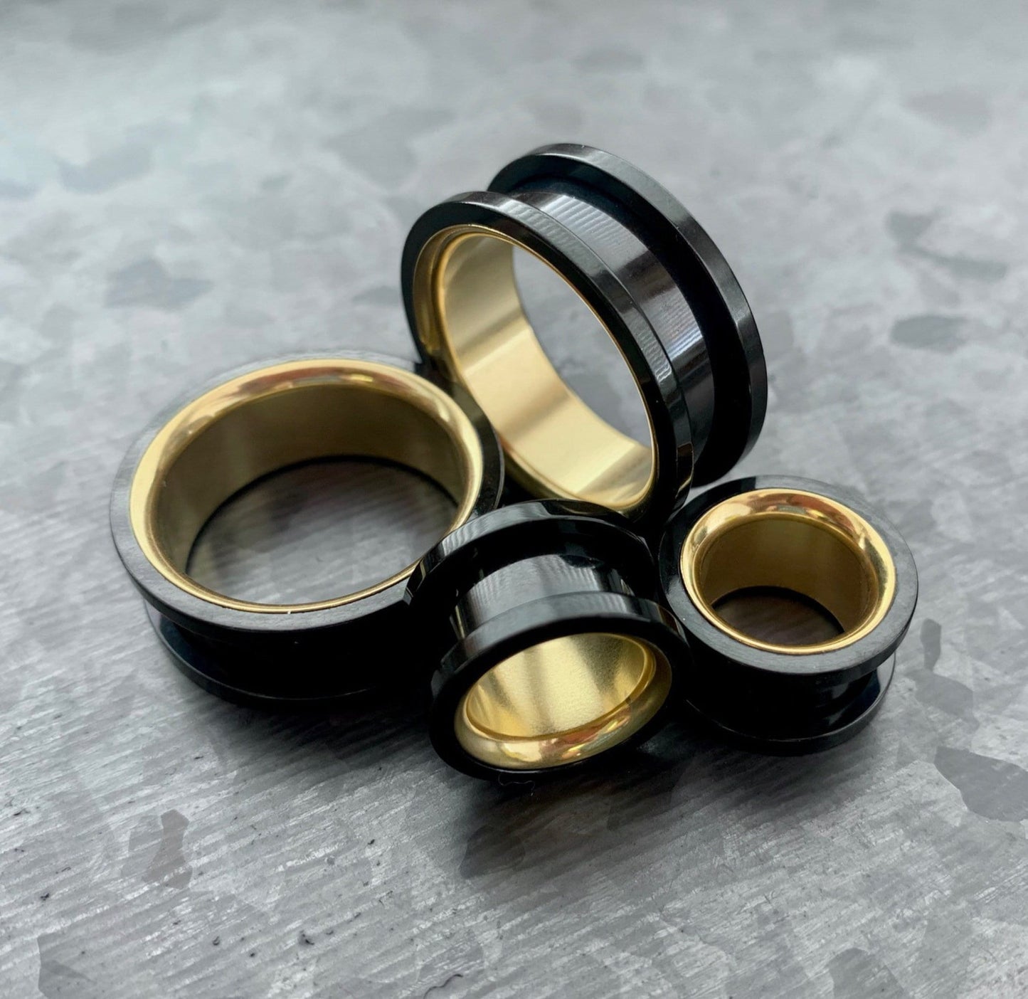PAIR of Unique Black and Gold Interior Screw Fit Tunnels/Plugs - Gauges 2g (6mm) through 1" (25mm) available!