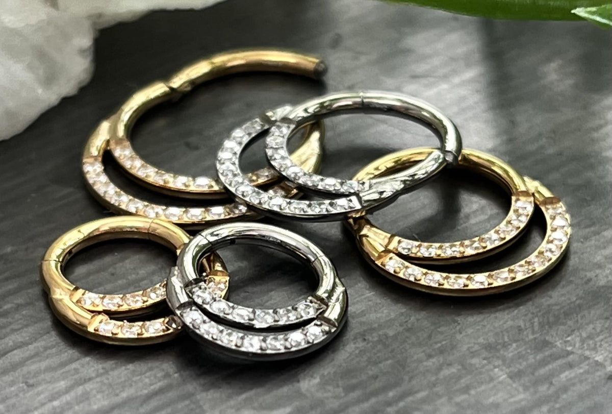 1 Piece Beautiful Implant Grade Titanium Double Lined CZ Gems Segment Septum Ring -Gauge 16g - 6mm, 8mm or 10mm, Silver & Gold Available!