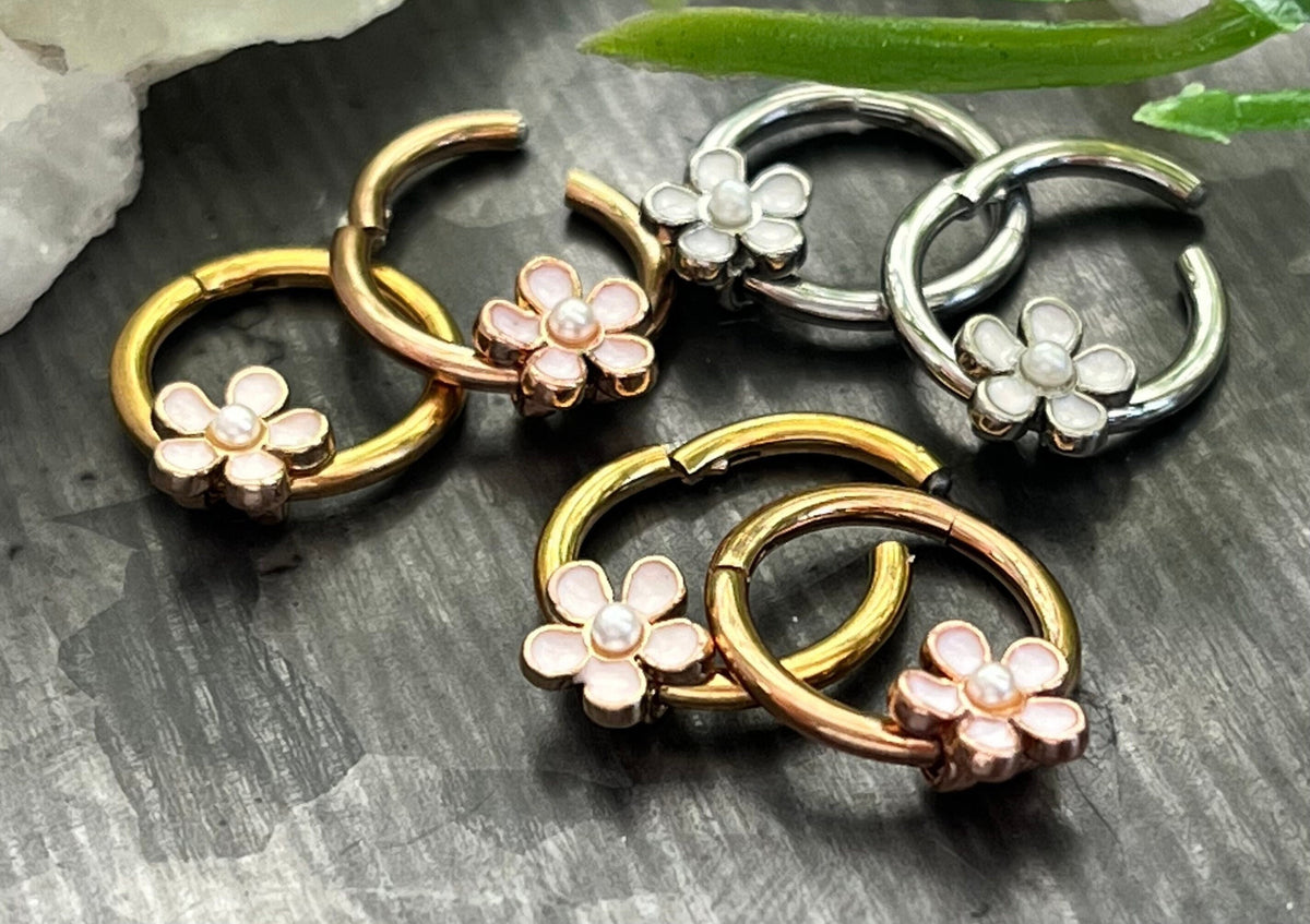 1 Piece Enamel Flower Hinged Steel Segment Septum Ring - 16g - 8mm Gold, Rose Gold or Steel Available!