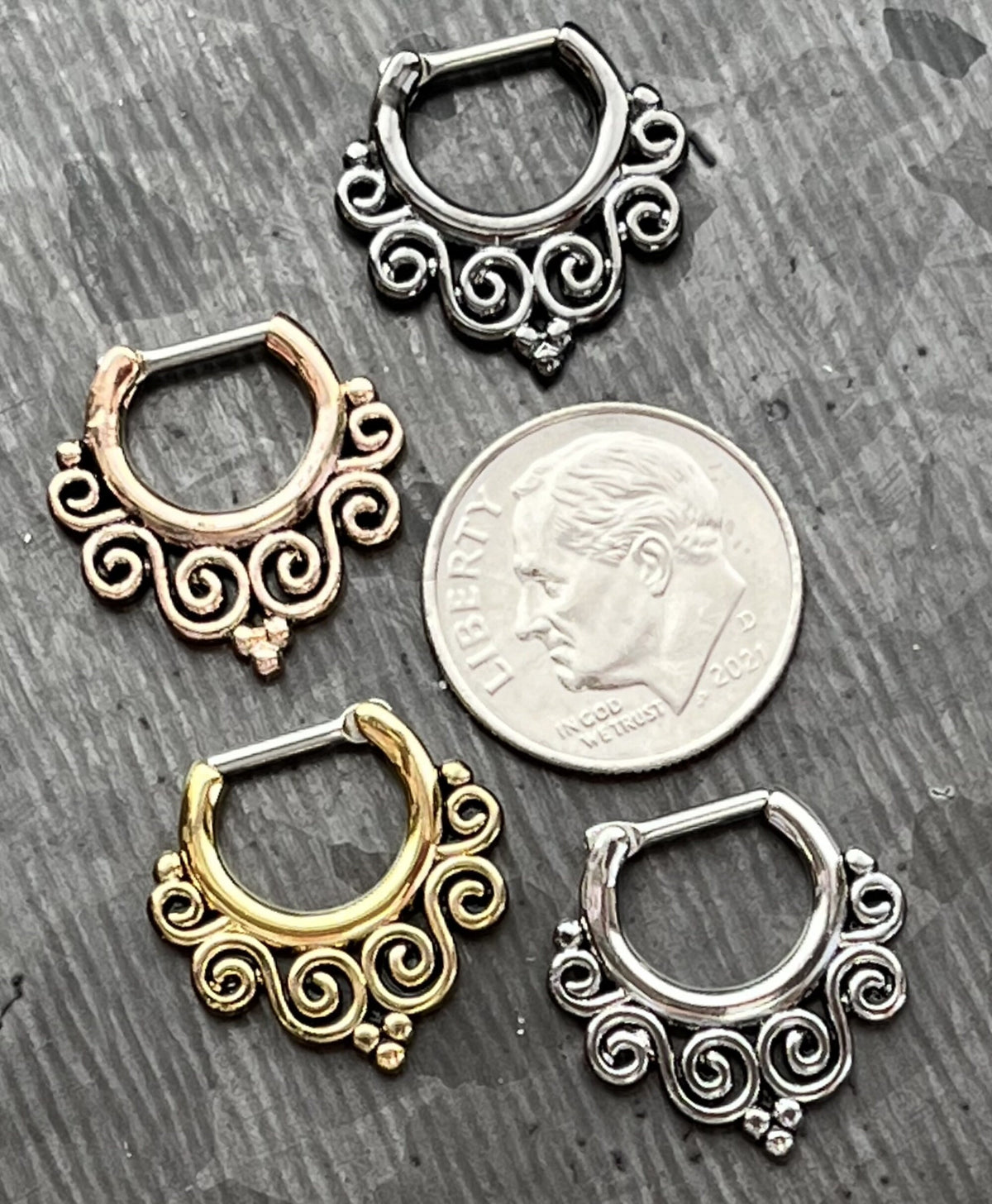 1 Piece Unique Tribal Swirls Design Clicker Septum Ring - 16g - 9mm Gold, Rose Gold, Hematite & Steel Available!