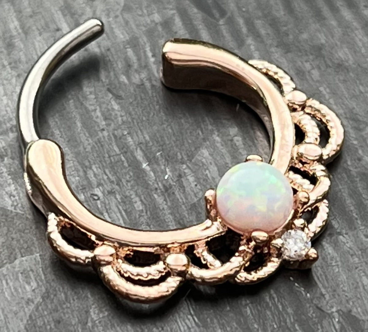 1 Piece Stunning Rose Gold Lacey Opal & CZ Gem Septum Steel Ring - 16g - 8mm Internal Diamater!