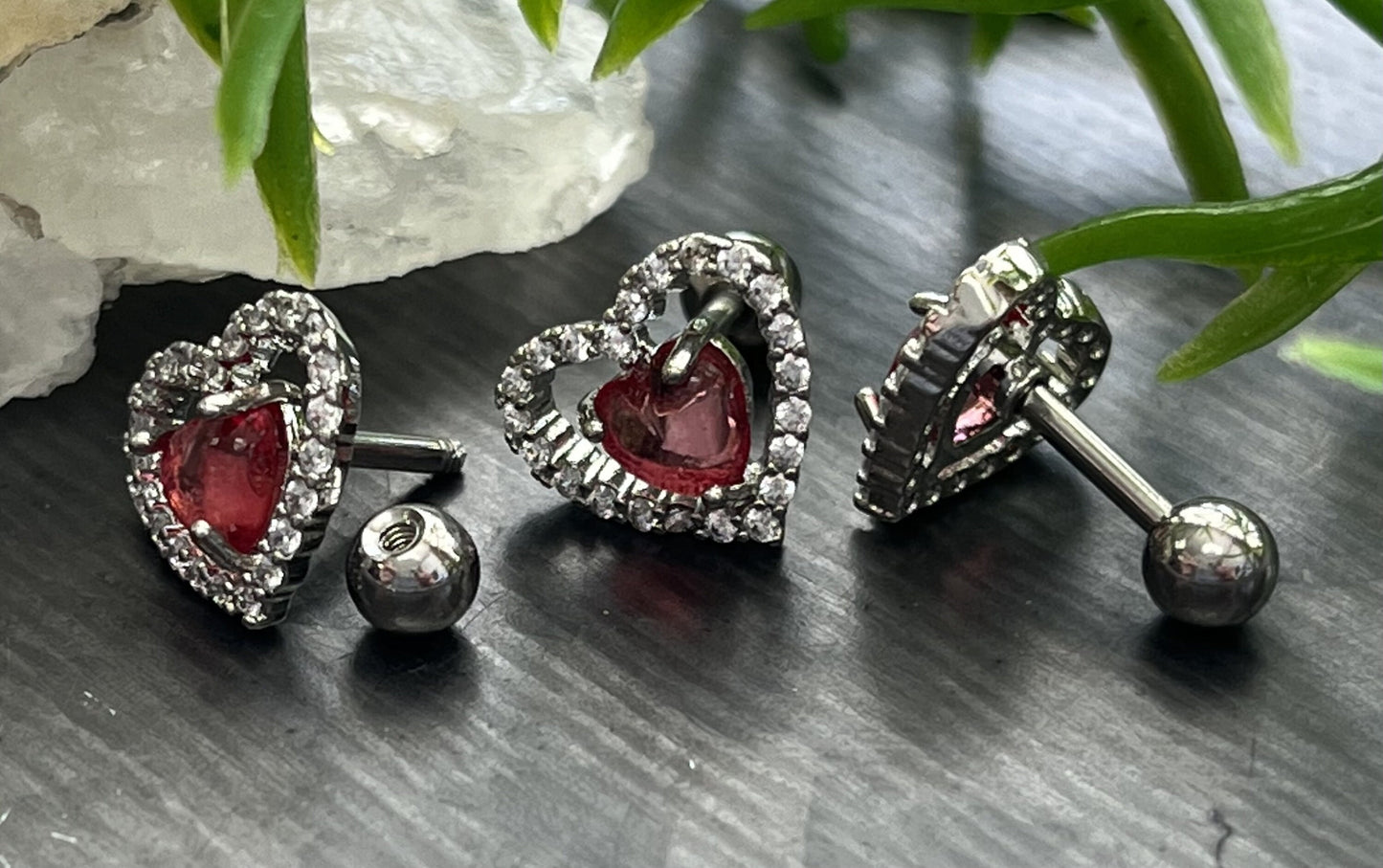 1 Piece Brilliant CZ Gem Lined Pink Heart Steel Tragus/Cartilage Stud - 16g, 6mm Wearable Length, 4mm Ball, 10mm Top Design!