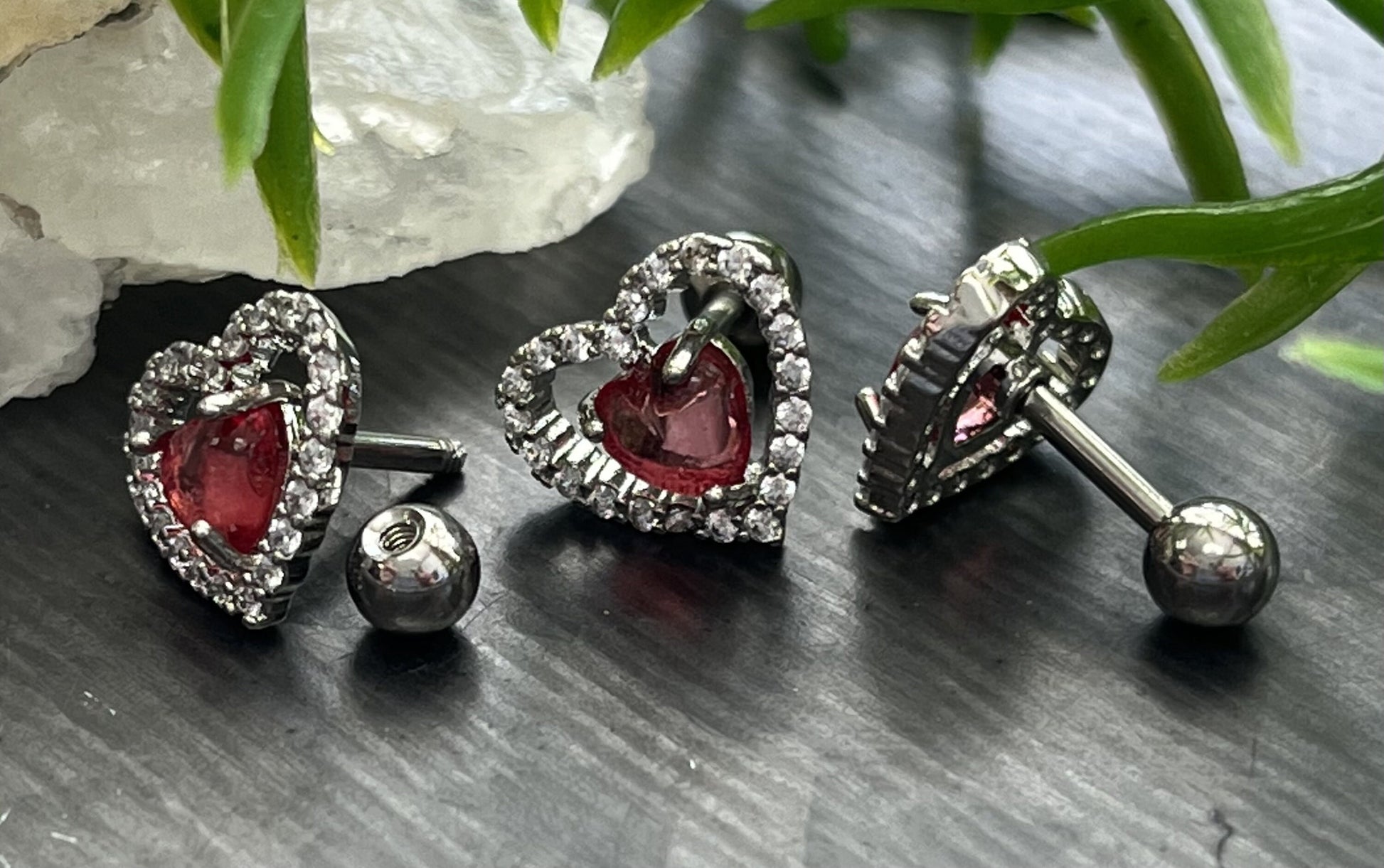 1 Piece Brilliant CZ Gem Lined Pink Heart Steel Tragus/Cartilage Stud - 16g, 6mm Wearable Length, 4mm Ball, 10mm Top Design!