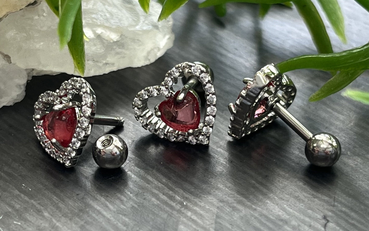 1 Piece Brilliant CZ Gem Lined Pink Heart Steel Tragus/Cartilage Stud - 16g, 6mm Wearable Length, 4mm Ball, 10mm Top Design!
