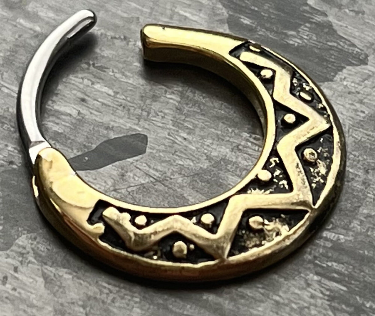1 Piece Unique Tribal Fan Design Steel Septum Clicker Ring - 16g- 10mm Internal Diameter Available in Steel and Antique Gold!