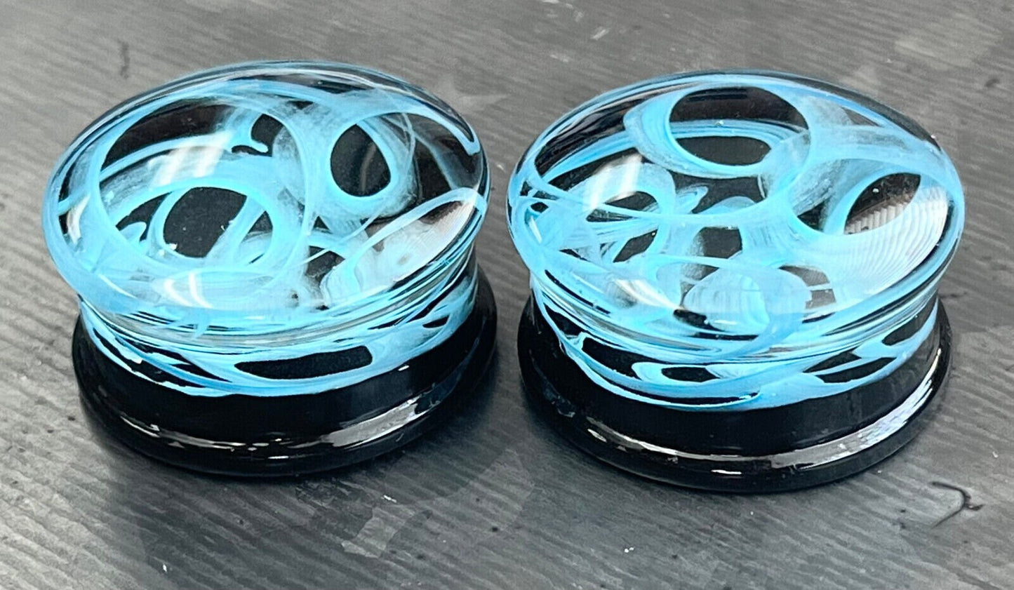 PAIR of Blue Swirling Smoke Style Pyrex Glass Double Flare Plugs - Gauges 2g (6mm) through 1" (25mm) available!