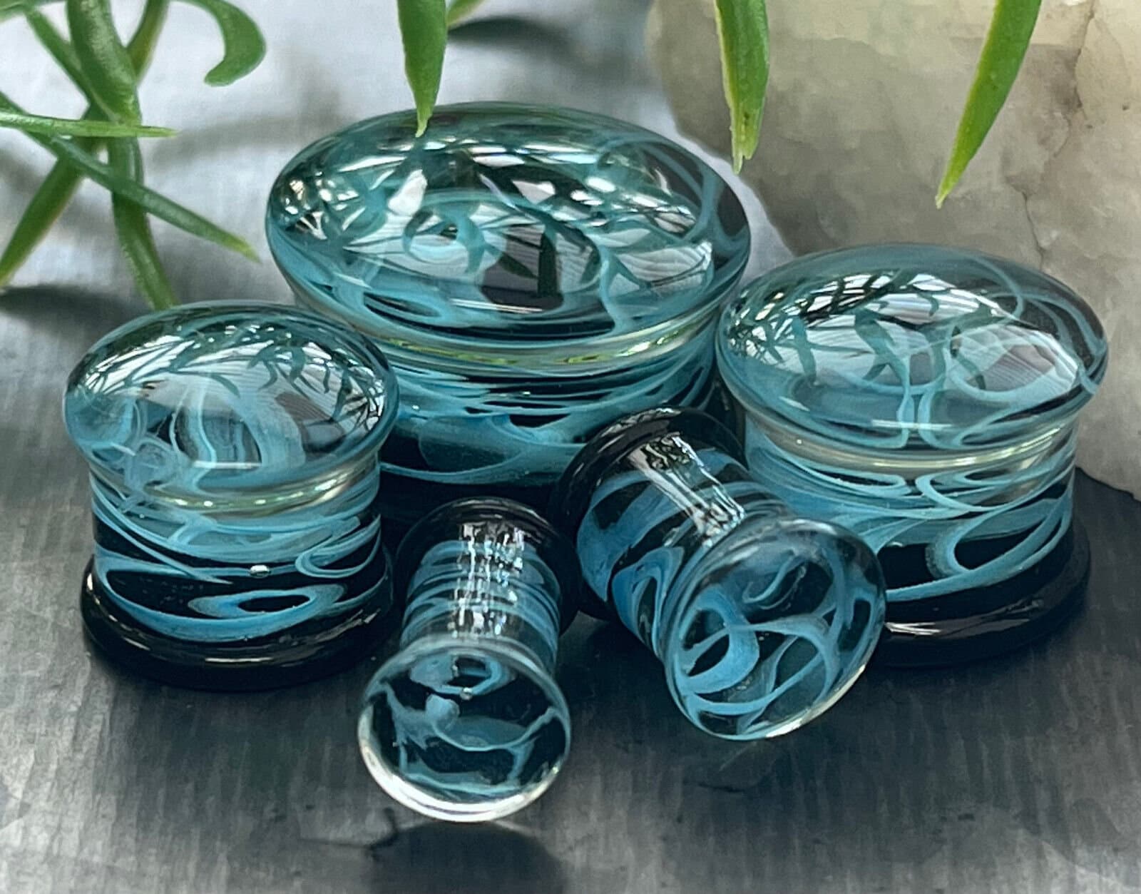 PAIR of Blue Swirling Smoke Style Pyrex Glass Double Flare Plugs - Gauges 2g (6mm) through 1" (25mm) available!