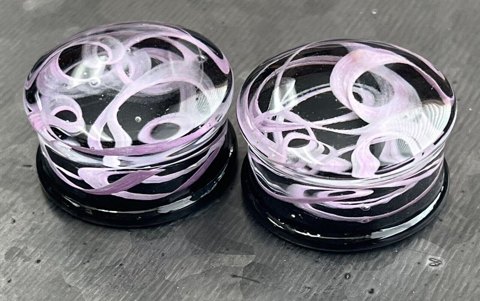 PAIR of Purple Swirling Smoke Style Pyrex Glass Double Flare Plugs - Gauges 2g (6mm) through 1" (25mm) available!