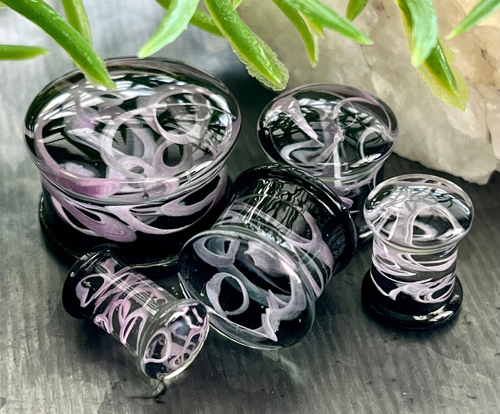 PAIR of Purple Swirling Smoke Style Pyrex Glass Double Flare Plugs - Gauges 2g (6mm) through 1" (25mm) available!