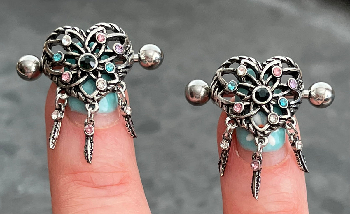 PAIR of Unique Gemmed Dream Catcher Steel Nipple Barbells/Shields/Rings - Barbell 14g, 3/4" (19mm), Wearable length 14mm (916")!