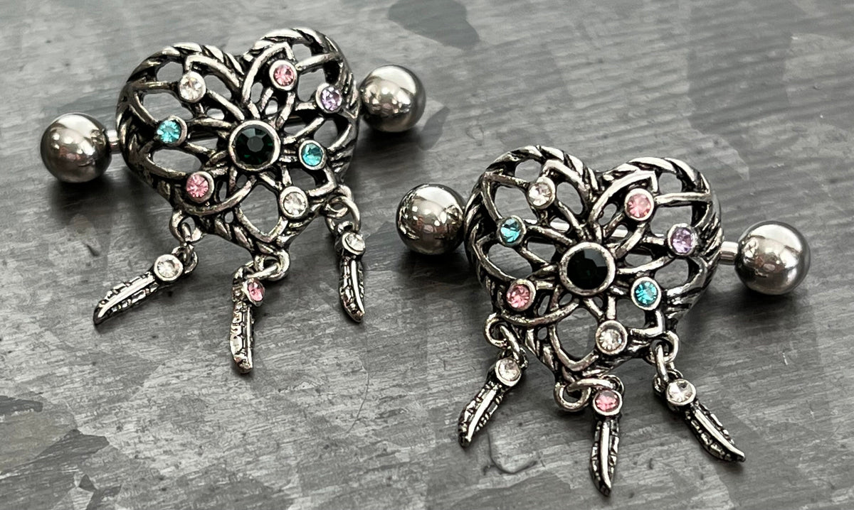 PAIR of Unique Gemmed Dream Catcher Steel Nipple Barbells/Shields/Rings - Barbell 14g, 3/4" (19mm), Wearable length 14mm (916")!