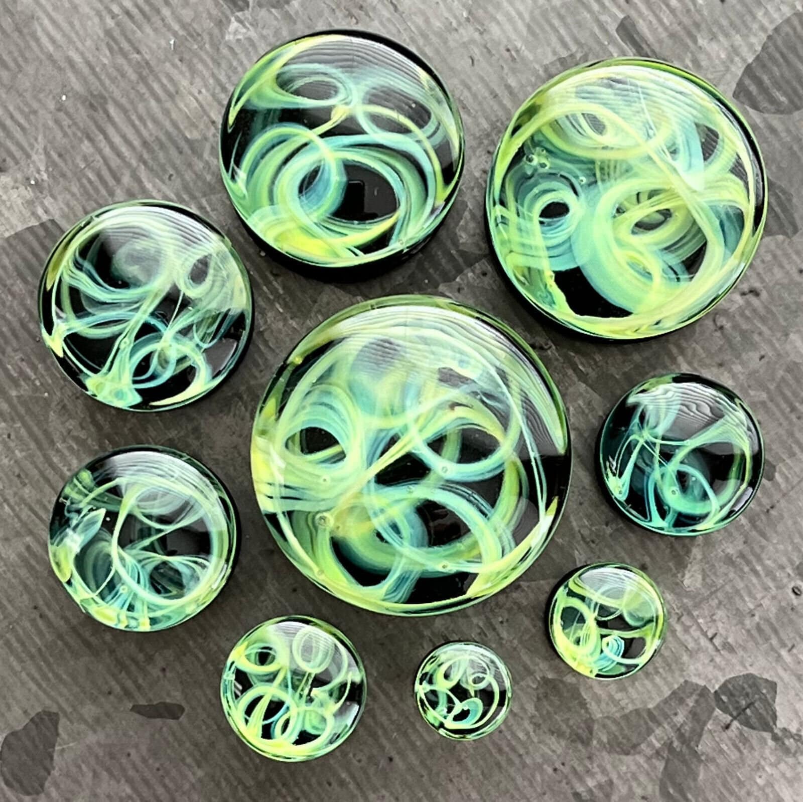 PAIR of Green Swirling Smoke Style Pyrex Glass Double Flare Plugs - Gauges 2g (6mm) through 1" (25mm) available!